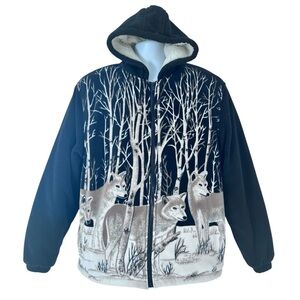VICTORY RUGGED WEAR VTG 90s Sherpa Lined Fleece Wolf Nature AOP Jacket Men L EUC